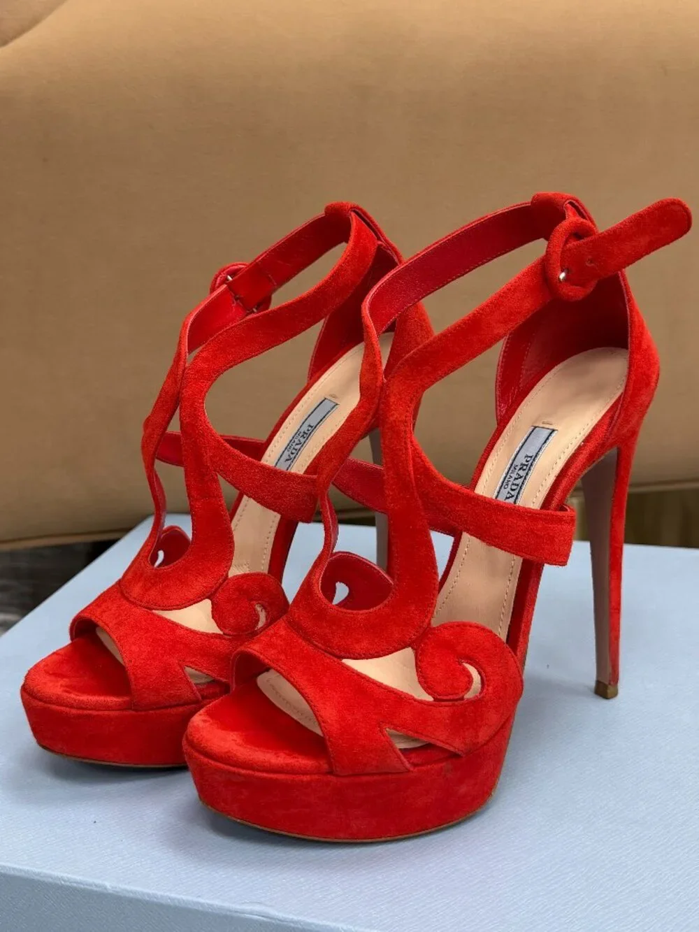 Prada Red Suede Platform Heels Strappy Sandals Stiletto Ankle Strap Size 37 - Picture 7 of 14